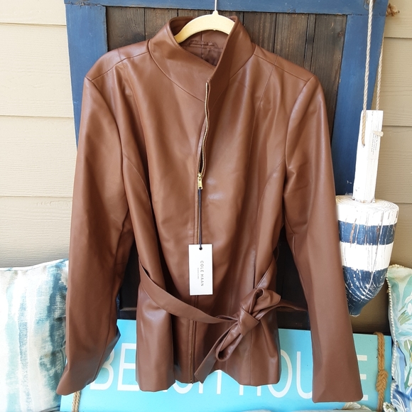 NWT Cole Haan Brown Faux Leather Jacket Size XL - Picture 1 of 6